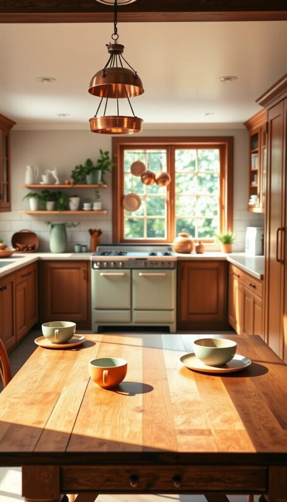 A sunny, well-lit vintage kitchen with classic tiled floors, wood cabinetry, and a timeless color palette of warm, muted tones. In the foreground, a farmhouse-style wooden table is set with retro dinnerware in shades of ochre, sage, and dusty rose. The middle ground features a sleek vintage stove and a hanging copper pot rack, while the background showcases a large window overlooking a lush garden. Soft, diffused lighting casts a cozy, nostalgic atmosphere, highlighting the attention to detail and craftsmanship that embodies the charm of a well-designed, period-inspired kitchen.