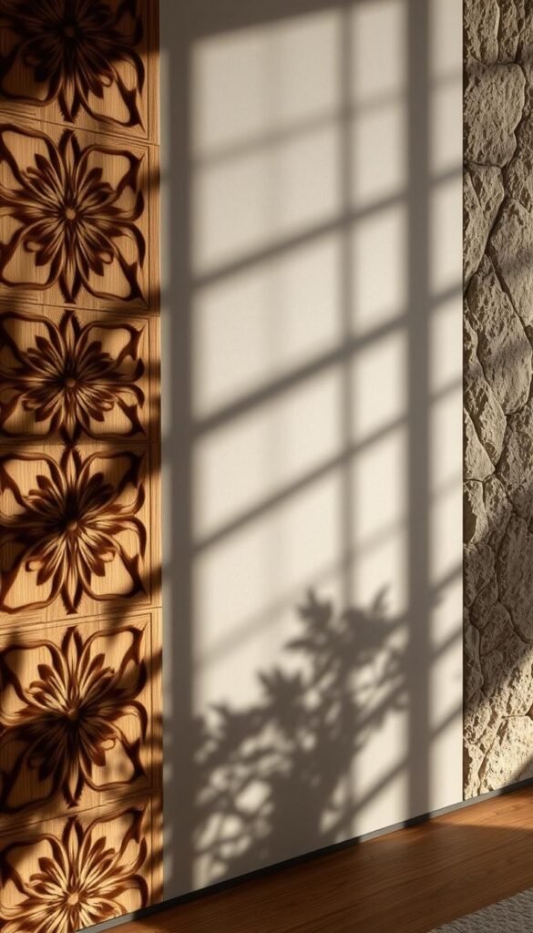 A textured wall mural, a striking interplay of light and shadow.