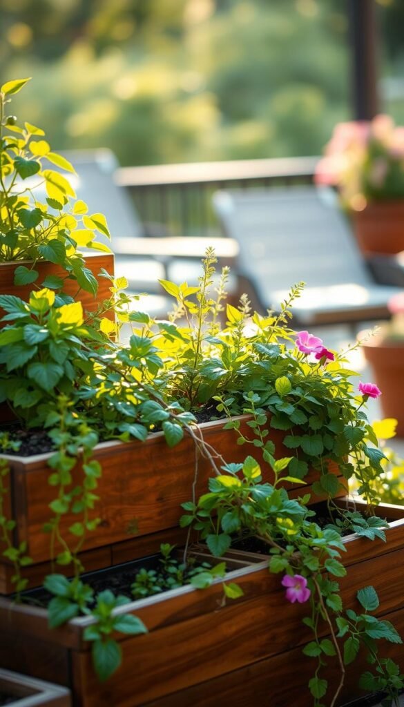 A tiered container garden with lush greenery spilling over the edges, illuminated by warm, natural light. In the foreground, a set of wooden planter boxes arranged in a stepped formation, their varying heights creating visual interest. Middle ground features a mix of leafy herbs, trailing vines, and colorful blooms cascading down the tiers. In the background, a subtle blurred backdrop of a tranquil outdoor space, perhaps a patio or deck, adding to the serene ambiance. The overall scene conveys a sense of harmony, inviting the viewer to envision the therapeutic benefits of cultivating a versatile and space-efficient garden.