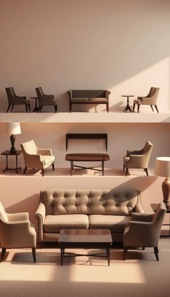 A timeless collection of classic furniture silhouettes, bathed in warm, soft lighting and captured from an elevated angle.