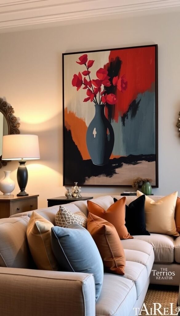 A timeless living room adorned with a vibrant abstract painting, its bold strokes complementing a sleek, contemporary vase filled with fresh flowers.