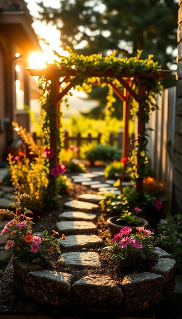 A tiny, enchanting garden nestled in a cozy backyard, bathed in warm, golden afternoon light. In the foreground, miniature flowering plants spill over the edges of a quaint stone planter, their vibrant petals catching the sun's gentle rays. In the middle ground, a winding stone path leads the eye towards a whimsical, wooden arbor draped with cascading vines, creating the illusion of a lush, boundless space. Beyond, a softly blurred background hints at towering trees and a distant horizon, further enhancing the sense of depth and expansiveness within this compact oasis. The overall scene exudes a serene, tranquil atmosphere, inviting the viewer to lose themselves in the captivating illusion of a larger, more expansive backyard.