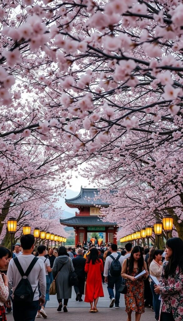 A tranquil Hanami festival unfolds beneath a canopy of delicate cherry blossoms. Softly illuminated lanterns cast a warm glow, their flickering light dancing across the faces of revelers gathered to celebrate the beauty of these fleeting flowers. In the foreground, colorfully dressed visitors stroll leisurely, pausing to admire the sakura petals drifting gently on the breeze. The middle ground reveals a traditional pavilion, its elegant architecture framing the scene, while in the distance, the silhouettes of distant mountains create a serene backdrop. The overall atmosphere evokes a sense of timeless tradition, cultural reverence, and the ephemeral nature of life.