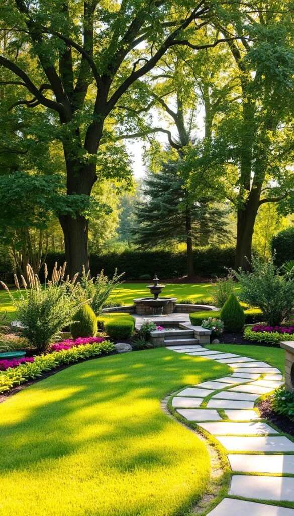 A tranquil backyard oasis with lush greenery and thoughtful landscaping elements. In the foreground, a well-manicured lawn with a meandering stone pathway leading to a cozy seating area. Flanking the path, neatly trimmed hedges and flowering shrubs in vibrant hues. In the middle ground, a small but charming water feature, its calming sounds creating a soothing ambiance. Towering trees in the background provide dappled shade, their leaves casting delicate patterns on the ground. The scene is bathed in warm, golden sunlight, creating a serene and inviting atmosphere perfect for relaxation and outdoor living. A tranquil backyard oasis with lush greenery and thoughtful landscaping elements. In the foreground, a well-manicured lawn with a meandering stone pathway leading to a cozy seating area. Flanking the path, neatly trimmed hedges and flowering shrubs in vibrant hues. In the middle ground, a small but charming water feature, its calming sounds creating a soothing ambiance. Towering trees in the background provide dappled shade, their leaves casting delicate patterns on the ground. The scene is bathed in warm, golden sunlight, creating a serene and inviting atmosphere perfect for relaxation and outdoor living.