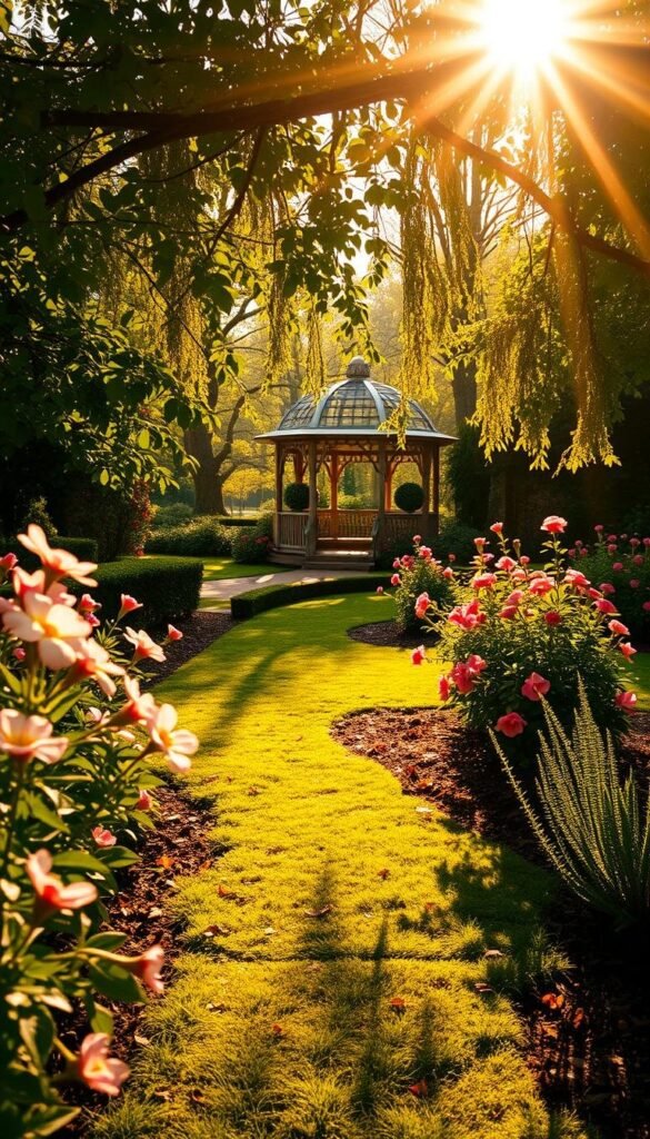 A tranquil garden scene, bathed in the warm glow of golden sunlight filtering through lush foliage. A winding path leads the eye into the frame, flanked by vibrant blooms and verdant plants. In the foreground, delicate petals dance in the gentle breeze, casting playful shadows on the ground. The middle ground reveals a serene sitting area, inviting contemplation under the dappled light. In the distance, a picturesque gazebo stands as a focal point, its ornate structure complementing the natural beauty surrounding it. The overall atmosphere evokes a sense of peaceful harmony, inviting the viewer to imagine the perfect spot to cultivate a thriving spring garden.