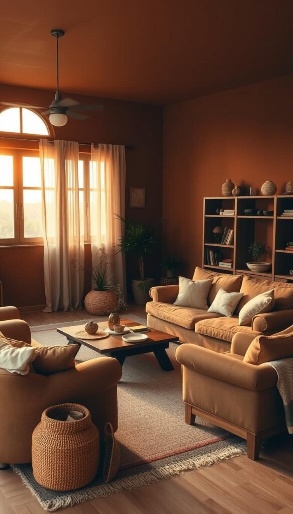 A tranquil living room bathed in the warm, earthy tones of a sunset.