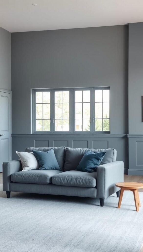 A tranquil living room interior with a soft, muted blue-gray color palette.