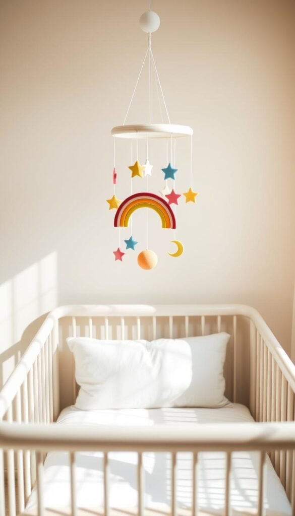 A tranquil nursery with a whimsical rainbow mobile gently swaying above a cozy crib. The crib is positioned in a warm, sunlit room with soft, pastel-colored walls. The mobile features an array of rainbow-hued wooden shapes - stars, circles, and crescents - suspended from delicate white strings, casting colorful reflections on the crib's ivory linens. The lighting is soft and diffused, creating a serene, dreamlike atmosphere. The camera angle is slightly elevated, capturing the mobile's graceful movement and the overall harmony of the space. This charming scene invites feelings of joy, comfort, and childhood wonder. A tranquil nursery with a whimsical rainbow mobile gently swaying above a cozy crib. The crib is positioned in a warm, sunlit room with soft, pastel-colored walls. The mobile features an array of rainbow-hued wooden shapes - stars, circles, and crescents - suspended from delicate white strings, casting colorful reflections on the crib's ivory linens. The lighting is soft and diffused, creating a serene, dreamlike atmosphere. The camera angle is slightly elevated, capturing the mobile's graceful movement and the overall harmony of the space. This charming scene invites feelings of joy, comfort, and childhood wonder.