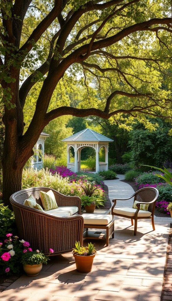 A tranquil spring garden oasis, with an inviting patio seating area nestled amidst lush, blooming flora. In the foreground, a stylish wicker loveseat and armchairs are arranged around a simple wooden coffee table, creating a cozy conversation nook. Dappled sunlight filters through the canopy of a mature oak tree, casting a warm, golden glow over the scene. In the middle ground, vibrant perennials and flowering shrubs line the paver-lined path, leading the eye towards a charming gazebo in the distance, its whitewashed beams and trailing vines offering additional shaded respite. The background is a verdant tapestry of verdant foliage, hinting at the serene natural setting beyond.