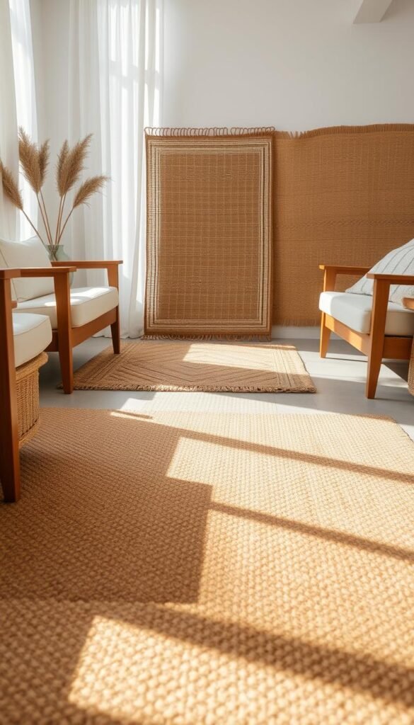 A tranquil, sun-dappled room showcasing a collection of natural fiber rugs.