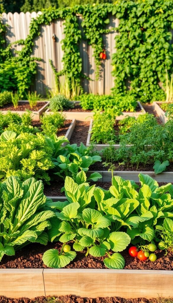 A verdant backyard vegetable garden, bathed in warm afternoon sunlight, with neatly organized raised beds showcasing a variety of flourishing greens, herbs, and root vegetables. In the foreground, leafy kale, crisp lettuce, and vibrant tomato plants stand tall, their colors popping against the rich, loamy soil. The middle ground reveals orderly rows of carrots, beets, and zucchini, while the background features a rustic wooden fence enveloped in cascading vines. The scene exudes a sense of abundance and tranquility, inviting the viewer to envision the perfect layout for their own bountiful backyard oasis.