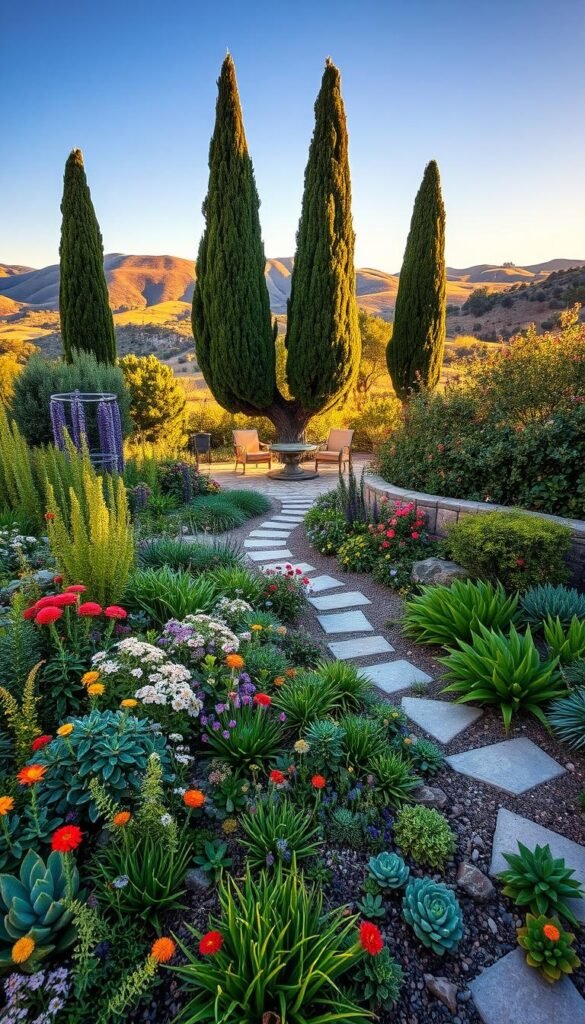 A verdant, lush front yard with a harmonious blend of native plants, vibrant flowers, and cascading greenery. The foreground features a diverse array of drought-tolerant perennials, succulents, and ground covers that create a visually striking and low-maintenance landscape. In the middle ground, a meandering path of natural stone leads to a small, sun-dappled seating area surrounded by towering, well-trimmed trees that provide ample shade and a soothing ambiance. The background showcases a backdrop of rolling hills and a clear, azure sky, bathed in the warm, golden glow of the afternoon sun. The overall scene exudes a sense of tranquility, sustainability, and a deep connection to the natural world. A verdant, lush front yard with a harmonious blend of native plants, vibrant flowers, and cascading greenery. The foreground features a diverse array of drought-tolerant perennials, succulents, and ground covers that create a visually striking and low-maintenance landscape. In the middle ground, a meandering path of natural stone leads to a small, sun-dappled seating area surrounded by towering, well-trimmed trees that provide ample shade and a soothing ambiance. The background showcases a backdrop of rolling hills and a clear, azure sky, bathed in the warm, golden glow of the afternoon sun. The overall scene exudes a sense of tranquility, sustainability, and a deep connection to the natural world.