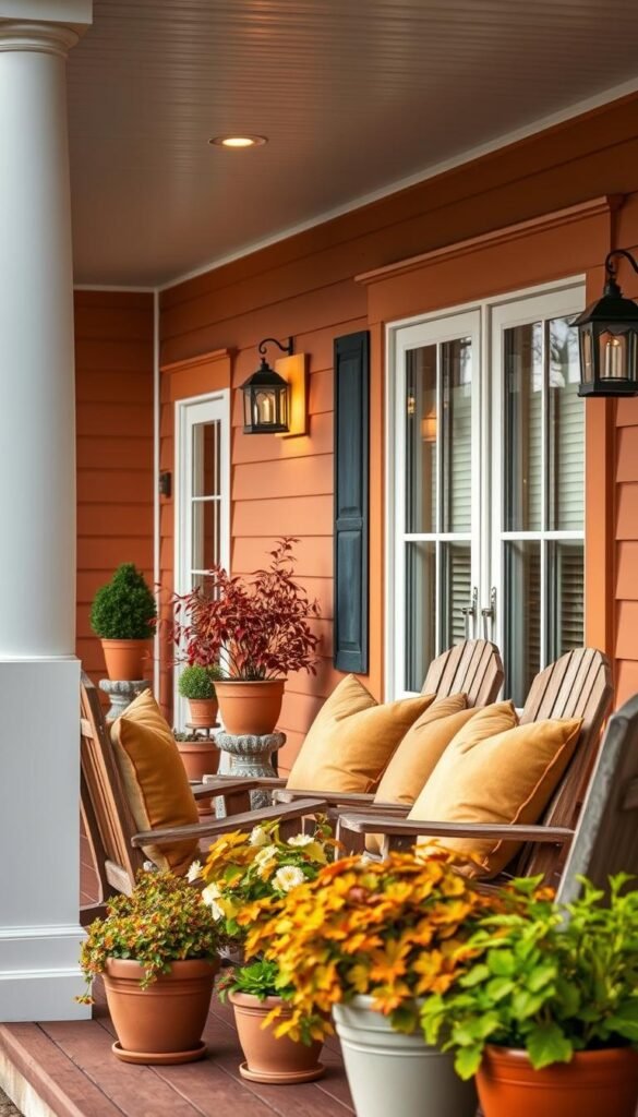 A vibrant and inviting front porch with a harmonious color scheme that captures the essence of the season. In the foreground, a plush seating area adorned with a cozy arrangement of weathered wooden chairs and plush cushions in earthy tones. The middle ground features a charming set of potted plants, their vibrant foliage cascading over the porch's edge. In the background, the porch's siding and trim are painted in a complementary palette of warm hues, creating a cohesive and visually striking composition. Soft, diffused lighting illuminates the scene, casting a gentle glow and evoking a sense of welcoming comfort. The overall atmosphere is one of tranquility and timeless elegance, perfectly suited for a cozy front porch that works all year long.