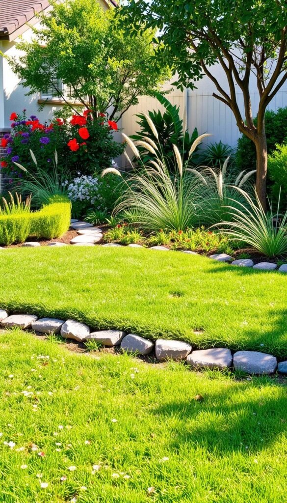 A vibrant and lush front yard with a mix of hardy, drought-resistant plants. The foreground features a well-maintained lawn with patches of wildflowers, complemented by a low, natural stone wall. In the middle ground, a variety of flowering shrubs and ornamental grasses add pops of color and texture. The background showcases a few strategically placed trees, casting gentle shadows and providing a sense of depth. The lighting is soft and natural, creating a warm, inviting atmosphere. The overall composition evokes a budget-friendly, yet visually striking, front yard transformation that would impress the neighbors. A vibrant and lush front yard with a mix of hardy, drought-resistant plants. The foreground features a well-maintained lawn with patches of wildflowers, complemented by a low, natural stone wall. In the middle ground, a variety of flowering shrubs and ornamental grasses add pops of color and texture. The background showcases a few strategically placed trees, casting gentle shadows and providing a sense of depth. The lighting is soft and natural, creating a warm, inviting atmosphere. The overall composition evokes a budget-friendly, yet visually striking, front yard transformation that would impress the neighbors.