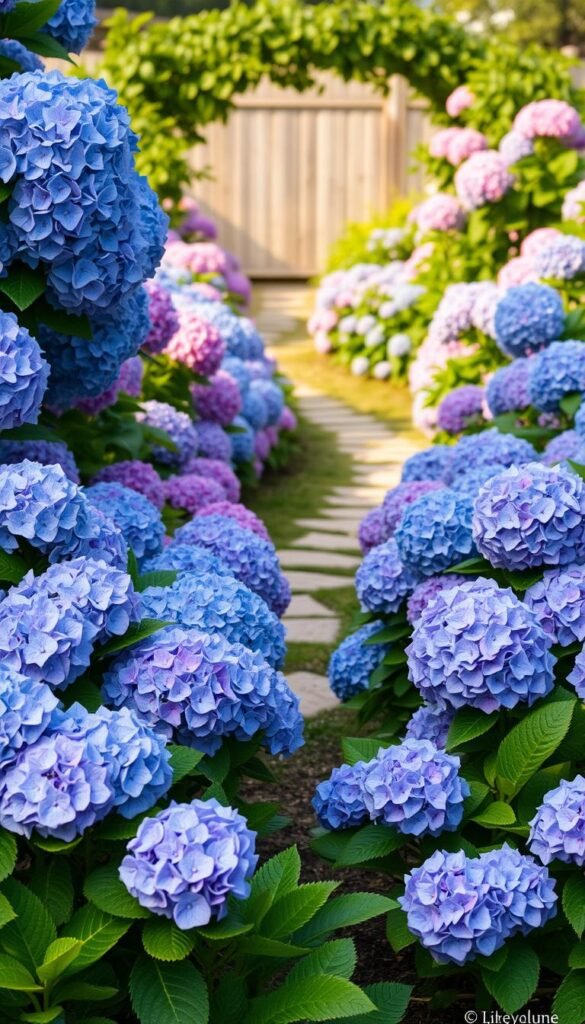 A vibrant and lush hydrangea garden in soft afternoon light, with a mix of large, full flower heads in shades of blue, pink, and lavender nestled among green foliage. The foreground features a beautifully manicured flower bed with hydrangeas cascading over the edges, creating a natural, flowing composition. The middle ground showcases a meandering path leading through the garden, framed by strategically placed hydrangea bushes. In the background, a wooden fence or trellis creates a subtle backdrop, allowing the vibrant colors of the hydrangeas to take center stage. The overall scene exudes a sense of calm, harmony, and a deep appreciation for the beauty of nature's color palette.