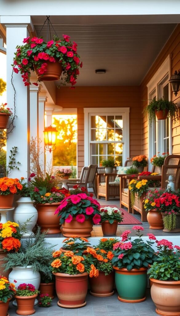 A vibrant and welcoming front porch adorned with an array of colorful flower pots and decor. The foreground features a mix of terracotta, glazed, and hanging planters overflowing with lush foliage and blooming flowers in a palette of warm reds, oranges, and yellows. The middle ground showcases a comfortable seating area with wooden benches and wicker accents, all bathed in the soft, natural light of a golden hour sunset. In the background, the home's exterior presents a harmonious blend of complementary hues, drawing the eye towards the inviting entryway. The overall scene exudes a sense of charm, coziness, and curb appeal that beautifully enhances the home's exterior. A vibrant and welcoming front porch adorned with an array of colorful flower pots and decor. The foreground features a mix of terracotta, glazed, and hanging planters overflowing with lush foliage and blooming flowers in a palette of warm reds, oranges, and yellows. The middle ground showcases a comfortable seating area with wooden benches and wicker accents, all bathed in the soft, natural light of a golden hour sunset. In the background, the home's exterior presents a harmonious blend of complementary hues, drawing the eye towards the inviting entryway. The overall scene exudes a sense of charm, coziness, and curb appeal that beautifully enhances the home's exterior.