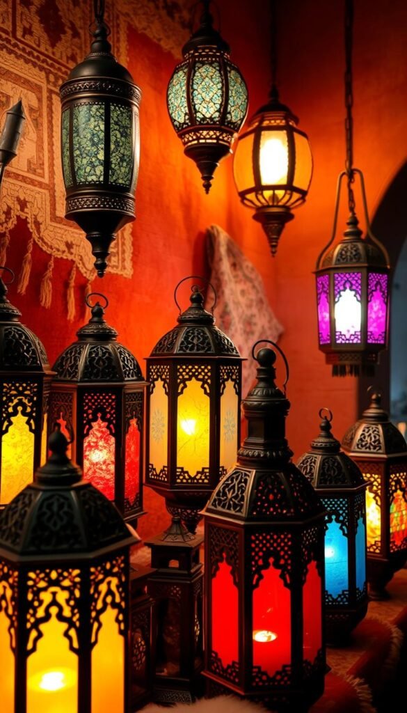 A vibrant arrangement of traditional Moroccan lanterns, their intricate metal frames and colorful glass panels casting a warm, ambient glow.
