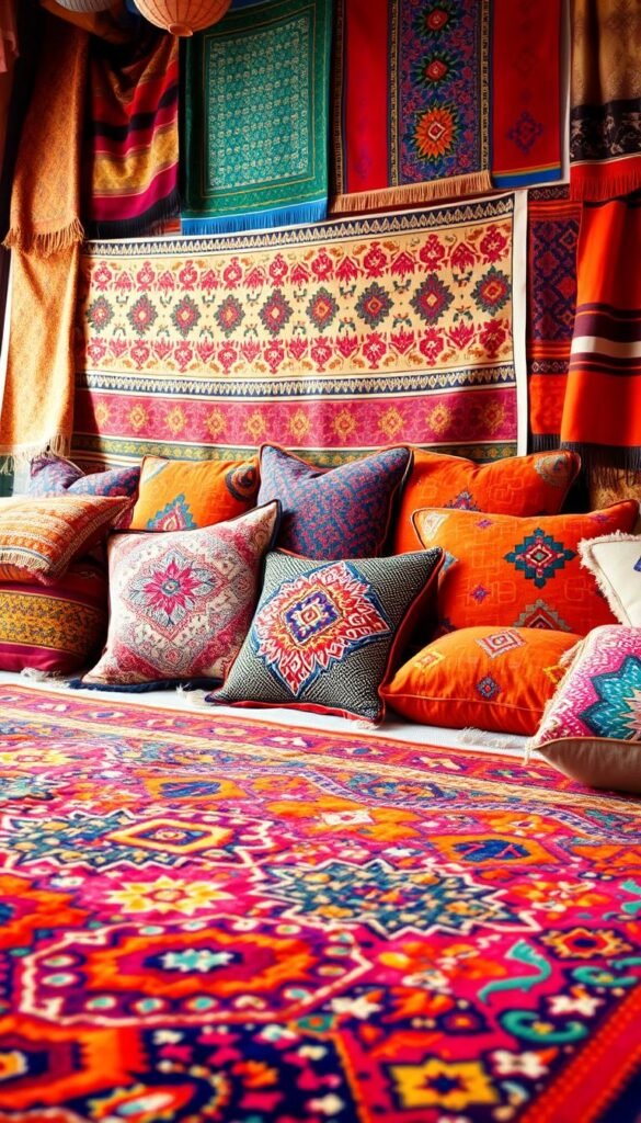 A vibrant array of Moroccan textiles fills the frame, showcasing the rich cultural heritage and artistry of the region.