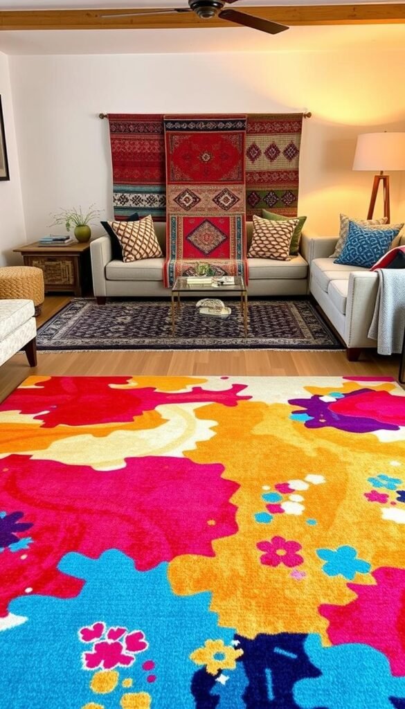A vibrant array of eye-catching statement rugs takes center stage in a cozy living room setting.