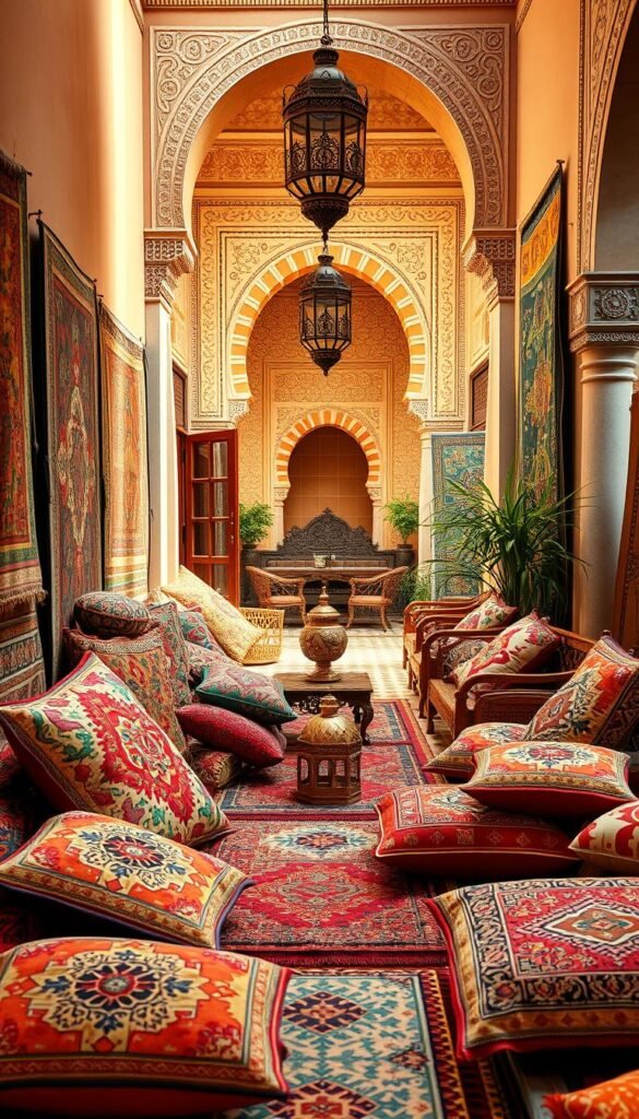A vibrant array of intricately patterned textiles, intricate mosaic tiles, and rich, earthy hues that evoke the essence of Moroccan design.