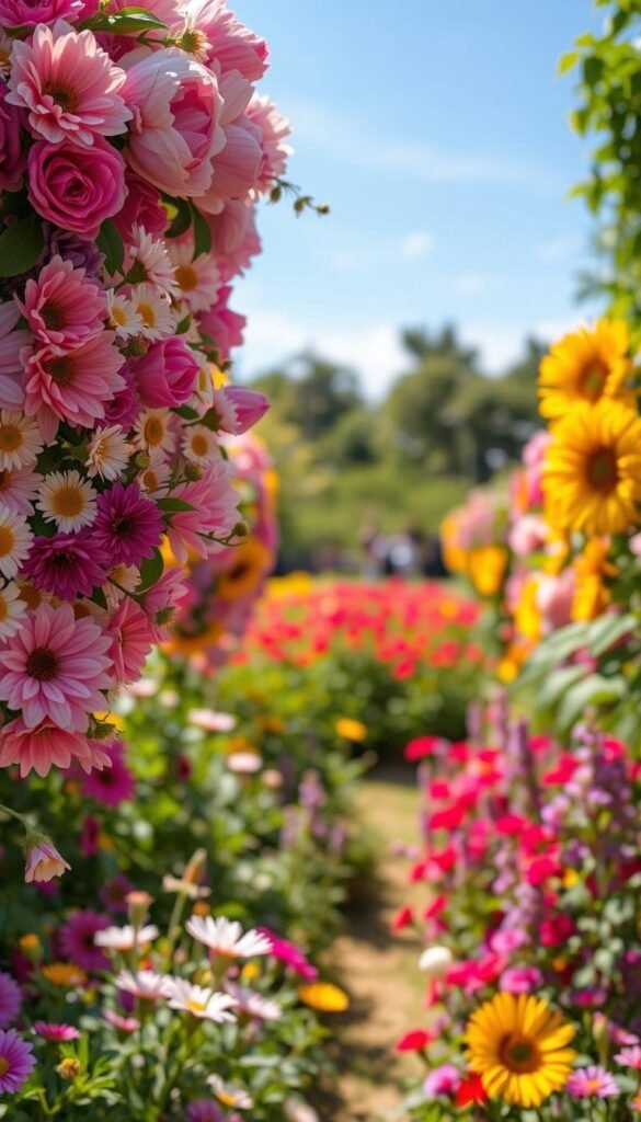 A vibrant array of summer blooms cascading across the frame, bathed in warm, golden sunlight. In the foreground, a profusion of colorful flowers - lush peonies, delicate daisies, and radiant sunflowers - swaying gently in a light breeze. The middle ground reveals a lush, verdant garden, its borders dotted with bursts of fuchsia, lavender, and crimson. Framing the scene, a soft, hazy background of blurred foliage and a cloudless, azure sky, creating a sense of depth and tranquility. Captured with a wide-angle lens to showcase the abundance and beauty of these summer treasures.