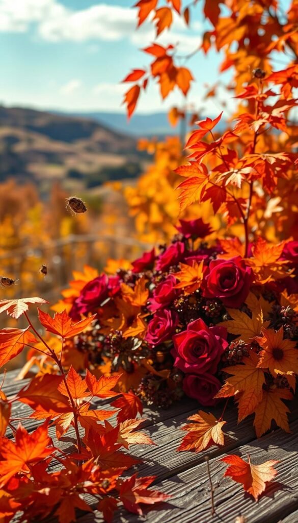 A vibrant autumnal scene captured in natural light, showcasing a harmonious blend of warm hues. In the foreground, a curated collection of fall foliage in shades of burnished orange, fiery red, and golden yellow. Delicate leaves flutter gently, casting soft shadows on a rustic wooden surface. The middle ground features an array of seasonal blooms, their petals bursting with rich burgundy and deep plum tones. In the background, a dreamy, blurred landscape evokes the essence of a cozy autumn day, with hints of rolling hills and a cloudless sky. A vibrant autumnal scene captured in natural light, showcasing a harmonious blend of warm hues. In the foreground, a curated collection of fall foliage in shades of burnished orange, fiery red, and golden yellow. Delicate leaves flutter gently, casting soft shadows on a rustic wooden surface. The middle ground features an array of seasonal blooms, their petals bursting with rich burgundy and deep plum tones. In the background, a dreamy, blurred landscape evokes the essence of a cozy autumn day, with hints of rolling hills and a cloudless sky.