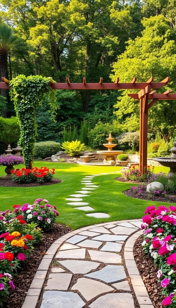 A vibrant backyard oasis, featuring a lush, well-manicured lawn, dotted with strategically placed flower beds, bursting with a colorful array of blooms. In the foreground, a meandering stone pathway leads to a beautifully crafted wooden pergola, draped in verdant vines and cascading greenery. The middle ground showcases a serene water feature, its gentle sounds creating a soothing ambiance. Surrounding the scene, a verdant backdrop of towering trees and shrubs, casting warm, dappled sunlight across the entire landscape. The overall composition conveys a sense of harmony, balance, and a seamless integration of natural elements, creating an inviting and visually captivating backyard design. A vibrant backyard oasis, featuring a lush, well-manicured lawn, dotted with strategically placed flower beds, bursting with a colorful array of blooms. In the foreground, a meandering stone pathway leads to a beautifully crafted wooden pergola, draped in verdant vines and cascading greenery. The middle ground showcases a serene water feature, its gentle sounds creating a soothing ambiance. Surrounding the scene, a verdant backdrop of towering trees and shrubs, casting warm, dappled sunlight across the entire landscape. The overall composition conveys a sense of harmony, balance, and a seamless integration of natural elements, creating an inviting and visually captivating backyard design.