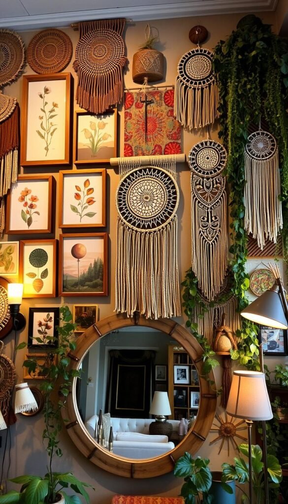 A vibrant bohemian wall display featuring an eclectic mix of woven macrame hangings, colorful tapestries, and artfully arranged dreamcatchers.