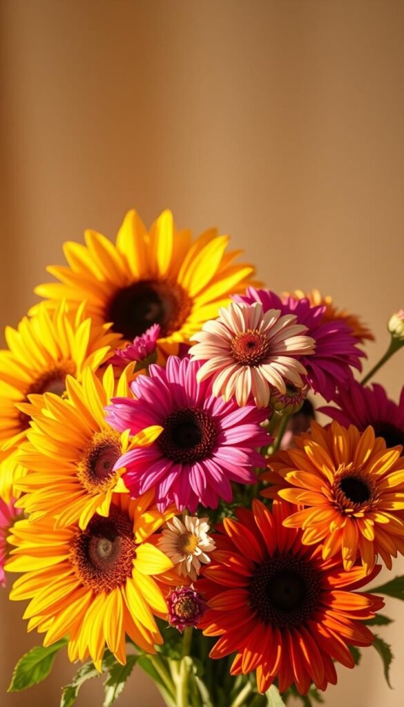 A vibrant bouquet of late summer blooms, including lush sunflowers, delicate cosmos, and fiery zinnias, arranged against a soft, blurred background. The flowers are bathed in warm, golden light that casts gentle shadows, creating a sense of depth and tranquility. The composition is balanced and visually striking, capturing the essence of nature's late summer abundance. The overall mood is one of serene beauty and abundance, inviting the viewer to appreciate the fleeting charm of these ephemeral flowers.