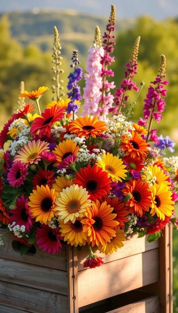 A vibrant bouquet of summer flowers overflows a rustic wooden crate, bathed in warm, golden afternoon light. In the foreground, a lush arrangement of colorful zinnias, sunflowers, and dahlias bursts forth, their petals gently swaying. In the middle ground, tall stalks of delphinium and cosmos add height and depth, complemented by the soft, airy blooms of baby's breath. The background features a blurred, dreamy landscape of verdant foliage, hinting at the rich, natural setting. The overall scene exudes a sense of abundance, vitality, and the joyful essence of the summer season.