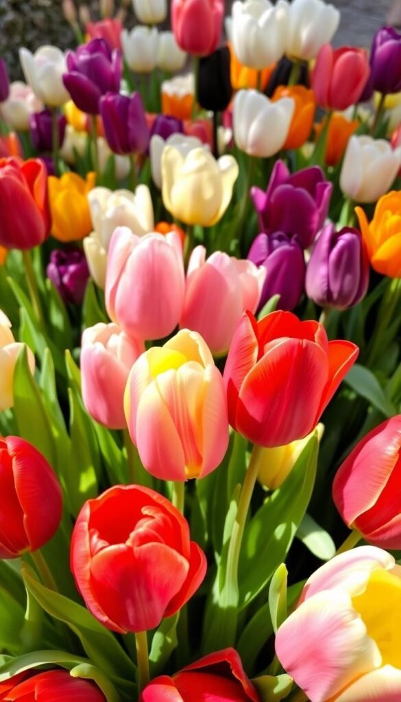 A vibrant bouquet of tulip varieties, showcasing their exquisite blooms in a softly lit, natural setting. In the foreground, a cluster of classic red tulips with their velvety petals unfurling, complemented by pastel pink and yellow tulips in the middle ground. In the background, a mix of tulip cultivars in a spectrum of colors - deep purple, delicate white, and bold orange - create a harmonious floral symphony. The composition is framed by a soft, diffused natural light, casting gentle shadows and highlighting the tulips' intricate textures and shapes. The overall scene evokes a sense of tranquility and the beauty of springtime.