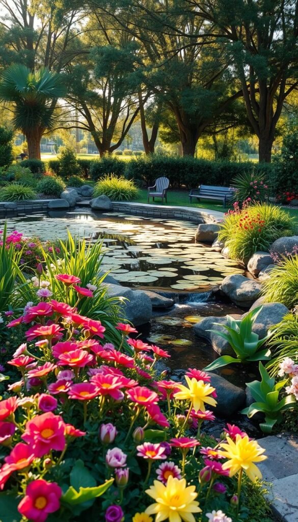 A vibrant, budget-friendly seasonal landscape with lush greenery, colorful flowers, and a tranquil pond. In the foreground, a well-manicured garden bed showcases a variety of blooming perennials and annuals, their petals softly illuminated by the warm, golden afternoon sunlight. The middle ground features a gently flowing stream that feeds into a serene, reflective pond, its surface dotted with water lilies and surrounded by verdant, leafy plants. In the background, a row of mature, deciduous trees sway gently in a light breeze, their dappled shadows adding depth and dimension to the scene. The overall atmosphere is one of peaceful harmony, where nature and budget-conscious design converge to create a visually stunning yet cost-effective outdoor oasis.
