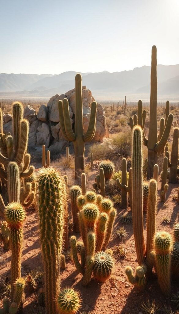 A vibrant desert landscape, bathed in warm, golden sunlight. In the foreground, a diverse array of cacti stand tall and proud, their intricate textures and shapes casting delicate shadows across the sun-baked sand. Barrel cacti, prickly pears, and towering saguaros intermingle, creating a captivating visual tapestry. The middle ground features rugged, weathered rock formations, their sharp edges softened by the hazy atmosphere. In the background, distant mountains rise up, their silhouettes fading into the horizon, creating a sense of depth and scale. The overall mood is one of tranquility and resilience, reflecting the hardy nature of these remarkable succulents. A wide, shallow depth of field draws the viewer's eye to the striking details of the cacti, inviting closer inspection.