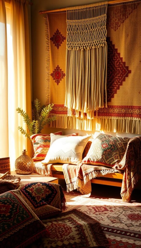 A vibrant display of boho textiles, bathed in warm, golden light filtering through sheer curtains.