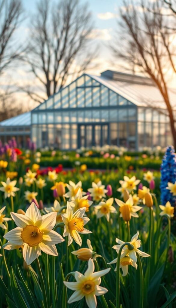 A vibrant field of blooming April flowers, alive with the energy of the season. In the foreground, delicate petals of daffodils, tulips, and hyacinths sway gently in a soft breeze. The middle ground features lush greenery and carefully cultivated flower beds, showcasing the scientific expertise behind their cultivation. In the background, a modern research greenhouse stands, its glass structure reflecting the sky above. Warm, golden light filters through, illuminating the scene with a sense of wonder and discovery. The overall atmosphere evokes the beauty, vitality, and scientific curiosity that define the special charm of April's seasonal flowers.