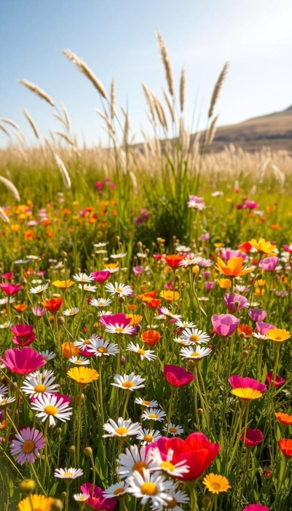 A vibrant field of blooming spring wildflowers bathed in warm, golden sunlight. In the foreground, a lush carpet of colorful petals - delicate daisies, cheerful buttercups, and vibrant poppies sway gently in a light breeze. The mid-ground features tall, swaying grasses and clusters of wildflowers in shades of pink, purple, and yellow, creating a rich tapestry of nature's palette. The background depicts a gently rolling hillside, softly blurred, with a clear blue sky overhead. The overall scene evokes a sense of tranquility, renewal, and the beauty of the natural world awakening from winter's slumber.