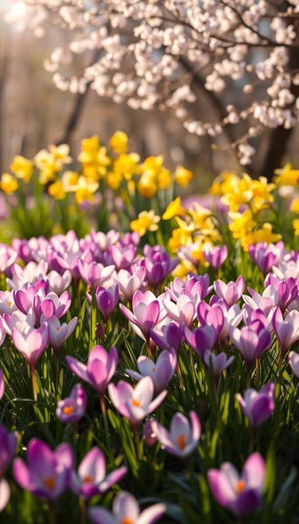 A vibrant floral scene in the soft early spring light. In the foreground, a lush carpet of blooming crocuses, their delicate purple and white petals gently swaying. In the middle ground, clusters of cheerful daffodils, their golden trumpets reaching towards the sun. In the background, wispy cherry blossoms drift on the breeze, their pale pink buds unfurling. The scene is bathed in a warm, golden glow, with soft shadows casting a sense of tranquility. The overall mood is one of renewal, joy, and the promise of the season to come.