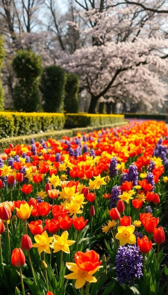 A vibrant garden bursting with the colors of spring. In the foreground, a lush bed of blooming tulips, daffodils, and hyacinths in shades of red, yellow, and purple. In the middle ground, rows of neatly trimmed hedges frame the scene, their fresh green leaves shimmering in the warm sunlight. Beyond, a backdrop of tall trees with delicate pink and white blossoms, creating a soft, dreamlike atmosphere. The overall composition is striking and balanced, with a sense of natural harmony and vitality. Captured with a wide-angle lens and soft, diffused lighting to accentuate the garden's natural beauty.