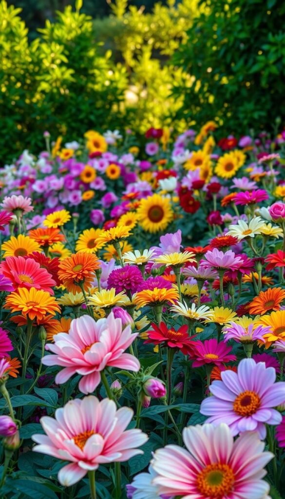 A vibrant garden bursting with the lush blooms of summer flowers. In the foreground, delicate petals of vibrant peonies, dahlias, and zinnias sway gently in a soft breeze. The middle ground showcases a riot of color - cheerful sunflowers, fragrant lilies, and velvety roses in shades of pink, yellow, and crimson. Lush foliage frames the scene, creating a verdant backdrop. The lighting is warm and golden, casting a gentle glow over the entire garden. Captured with a wide-angle lens to showcase the abundance and diversity of these stunning summer blossoms.