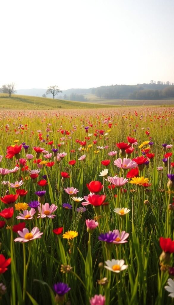 A vibrant meadow bursting with blooming wildflowers, bathed in the warm glow of the spring sun. In the foreground, a lush carpet of colorful petals - vibrant reds, delicate pinks, sunny yellows, and rich purples. Gently swaying grasses provide a soft, textured backdrop, leading the eye towards the distant tree line and rolling hills. Soft, diffused lighting casts a natural, dreamy atmosphere, highlighting the intricate details of the flowers. A wide-angle lens captures the expansive scene, inviting the viewer to immerse themselves in this verdant, serene landscape - a celebration of nature's vibrant spring palette.