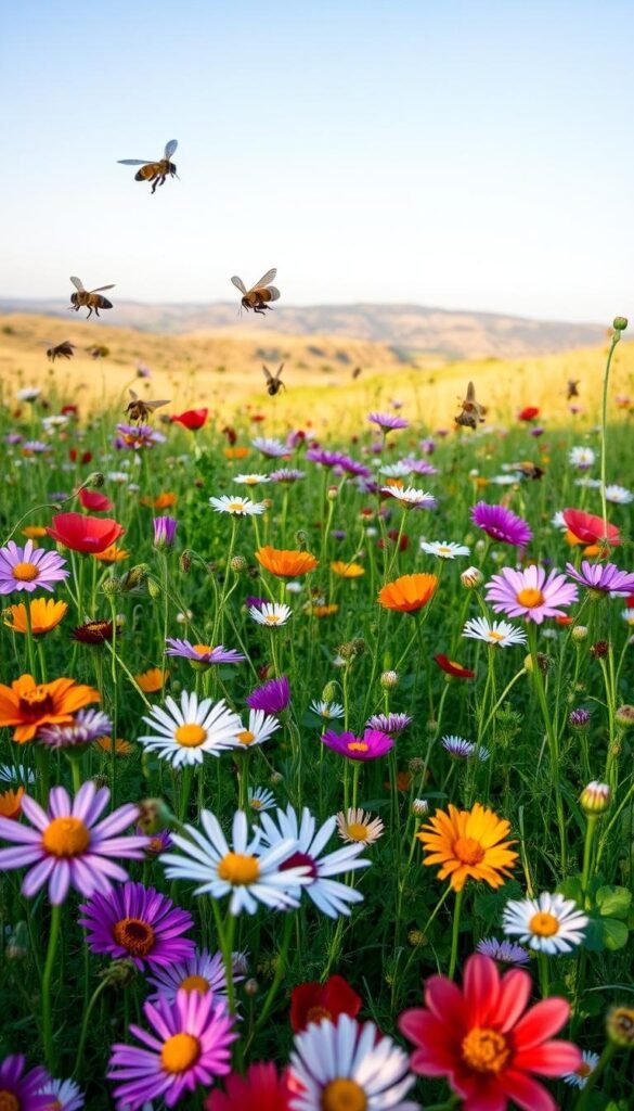A vibrant meadow filled with blooming wildflowers, their petals bursting with rich colors and delicate textures. In the foreground, bees, butterflies, and other pollinators dart from blossom to blossom, their wings a blur as they collect nectar and spread pollen. The middle ground features a diverse array of wildflowers, including daisies, poppies, and clover, their stems swaying gently in a warm spring breeze. In the background, a rolling landscape with distant hills and a clear blue sky, bathed in soft, natural lighting that casts a warm, golden glow over the entire scene.