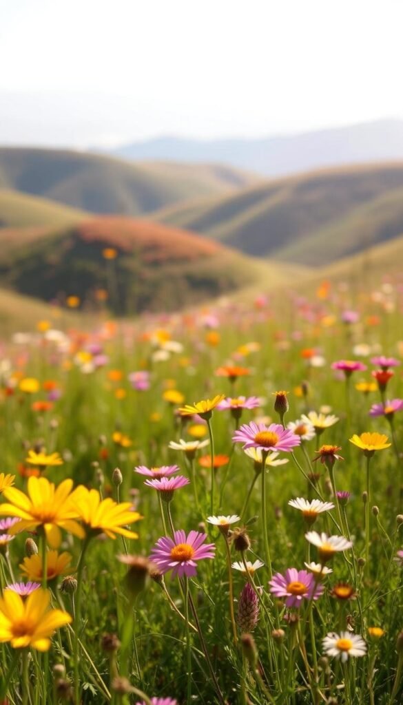 A vibrant meadow of native wildflowers in warm afternoon sunlight, with a soft focus on the colorful blooms in the foreground. The middle ground features rolling hills dotted with more flowers, while the background fades into a hazy horizon. The scene conveys a sense of tranquility and the importance of preserving these natural spaces. The lighting is diffused and gentle, highlighting the delicate petals and creating a serene, contemplative atmosphere. Shot with a wide-angle lens to capture the expansive landscape, this image emphasizes the beauty and value of native wildflower conservation.