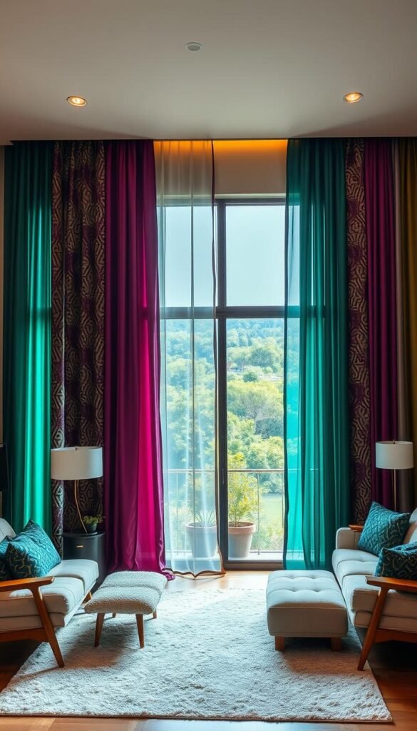 A vibrant, modern living room with floor-to-ceiling curtains in rich, textured fabrics.