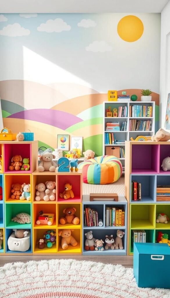 A vibrant nursery filled with whimsical, rainbow-hued toy storage solutions. In the foreground, a series of modular shelves in a spectrum of pastel colors, each compartment housing a variety of plush toys, wooden blocks, and educational puzzles. Midground, a cozy reading nook with a fluffy rug and a bookshelf overflowing with children's literature, complemented by a playful, rainbow-striped beanbag chair. The background features a cheerful mural depicting rolling hills, fluffy clouds, and a shining sun, casting a warm, natural glow throughout the space. The overall atmosphere is one of boundless creativity, joy, and organization, perfect for a growing child's development and exploration. A vibrant nursery filled with whimsical, rainbow-hued toy storage solutions. In the foreground, a series of modular shelves in a spectrum of pastel colors, each compartment housing a variety of plush toys, wooden blocks, and educational puzzles. Midground, a cozy reading nook with a fluffy rug and a bookshelf overflowing with children's literature, complemented by a playful, rainbow-striped beanbag chair. The background features a cheerful mural depicting rolling hills, fluffy clouds, and a shining sun, casting a warm, natural glow throughout the space. The overall atmosphere is one of boundless creativity, joy, and organization, perfect for a growing child's development and exploration.