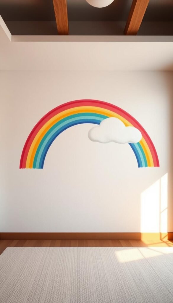 A vibrant rainbow mural adorns the wall of a modern, minimalist nursery. Warm, soft lighting casts a gentle glow, illuminating the playful, fluid brushstrokes in a spectrum of vivid hues. In the foreground, a whimsical cloud formation dances across the surface, adding depth and movement. The middle ground features a serene, geometric pattern that complements the organic shapes, while the background showcases a subtly textured, neutral tone that allows the colors to pop. The overall atmosphere is one of wonder, creativity, and joy - a perfect backdrop for a child's imagination to thrive. A vibrant rainbow mural adorns the wall of a modern, minimalist nursery. Warm, soft lighting casts a gentle glow, illuminating the playful, fluid brushstrokes in a spectrum of vivid hues. In the foreground, a whimsical cloud formation dances across the surface, adding depth and movement. The middle ground features a serene, geometric pattern that complements the organic shapes, while the background showcases a subtly textured, neutral tone that allows the colors to pop. The overall atmosphere is one of wonder, creativity, and joy - a perfect backdrop for a child's imagination to thrive.