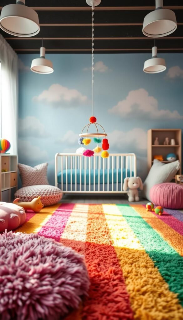 A vibrant rainbow palette cascades across a cozy nursery setting, creating a joyful and harmonious atmosphere. The foreground features plush rugs, pillows, and toys in a spectrum of vivid hues, inviting playful exploration. The middle ground showcases a cheerful mobile with dangling rainbow-colored shapes, casting a warm glow throughout the space. In the background, a serene mural depicts fluffy clouds against a soft blue sky, evoking a sense of whimsy and wonder. Soft, diffused lighting from overhead fixtures and natural sunlight filters in, enhancing the tranquil and nurturing ambiance. The overall composition exudes a sense of comfort, creativity, and positivity - the perfect haven for a growing, curious mind. A vibrant rainbow palette cascades across a cozy nursery setting, creating a joyful and harmonious atmosphere. The foreground features plush rugs, pillows, and toys in a spectrum of vivid hues, inviting playful exploration. The middle ground showcases a cheerful mobile with dangling rainbow-colored shapes, casting a warm glow throughout the space. In the background, a serene mural depicts fluffy clouds against a soft blue sky, evoking a sense of whimsy and wonder. Soft, diffused lighting from overhead fixtures and natural sunlight filters in, enhancing the tranquil and nurturing ambiance. The overall composition exudes a sense of comfort, creativity, and positivity - the perfect haven for a growing, curious mind.