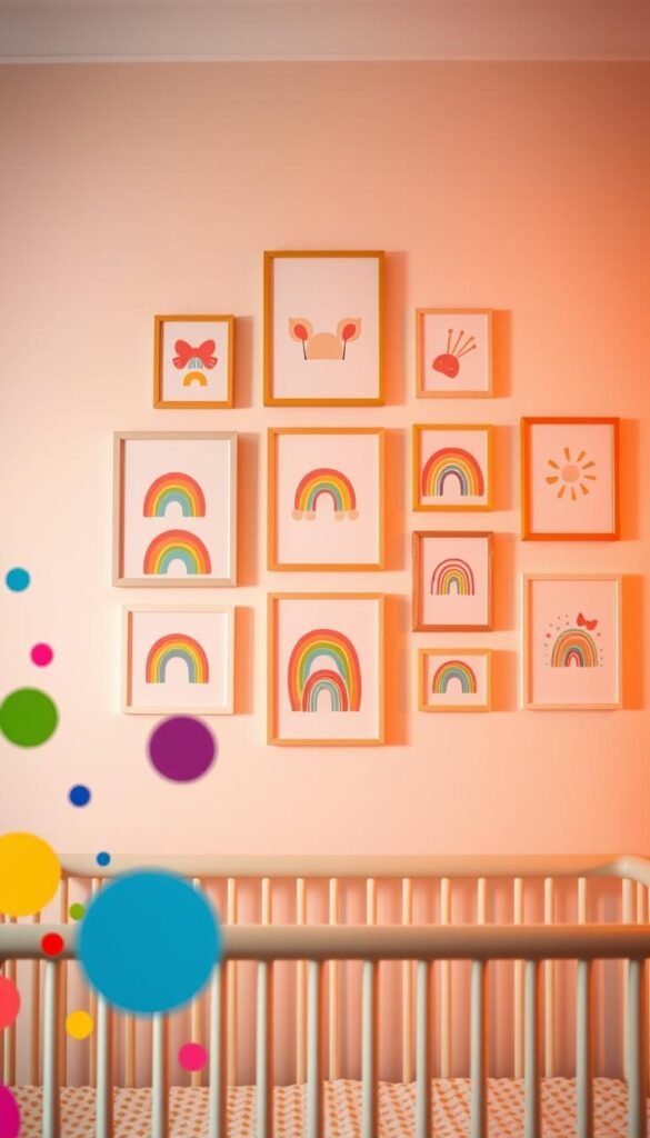 A vibrant rainbow-themed nursery wall, featuring a delightful array of framed art pieces. In the foreground, whimsical rainbow-colored shapes and patterns dance across the canvas, creating a playful and joyful atmosphere. The middle ground showcases a collection of framed prints, each depicting a different rainbow-inspired motif, such as abstract shapes, geometric designs, or whimsical illustrations of animals or nature. The background is a soft, pastel-hued wall, providing a serene and calming backdrop that allows the vibrant artwork to truly shine. The lighting is warm and inviting, creating a cozy and inviting ambiance, perfect for a child's nursery. The overall composition is balanced and visually engaging, capturing the essence of a cheerful and imaginative rainbow-themed space. A vibrant rainbow-themed nursery wall, featuring a delightful array of framed art pieces. In the foreground, whimsical rainbow-colored shapes and patterns dance across the canvas, creating a playful and joyful atmosphere. The middle ground showcases a collection of framed prints, each depicting a different rainbow-inspired motif, such as abstract shapes, geometric designs, or whimsical illustrations of animals or nature. The background is a soft, pastel-hued wall, providing a serene and calming backdrop that allows the vibrant artwork to truly shine. The lighting is warm and inviting, creating a cozy and inviting ambiance, perfect for a child's nursery. The overall composition is balanced and visually engaging, capturing the essence of a cheerful and imaginative rainbow-themed space.