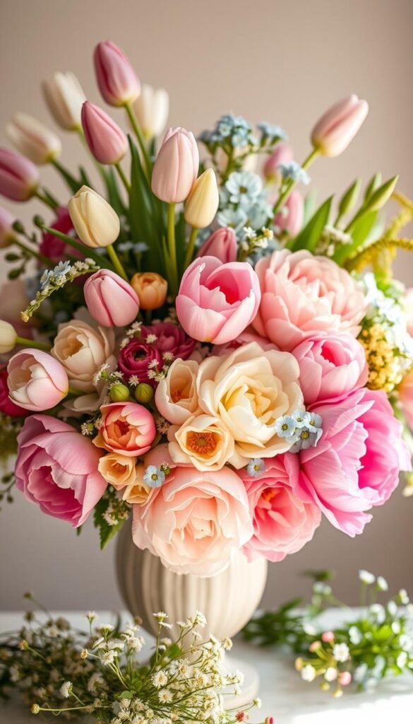 A vibrant spring flower arrangement, meticulously crafted with an array of seasonal blooms. In the foreground, an elegant vase overflows with a lush bouquet of delicate tulips, fragrant peonies, and delicate forget-me-nots in hues of pink, white, and soft blue. The middle ground features a scattering of freshly picked wildflowers, adding a natural, whimsical touch. Soft, diffused lighting casts a warm, golden glow, highlighting the arrangement's texture and depth. The background is a serene, blurred backdrop, allowing the flowers to take center stage. The overall composition evokes a sense of springtime rejuvenation and the beauty of nature's transient yet captivating gifts.