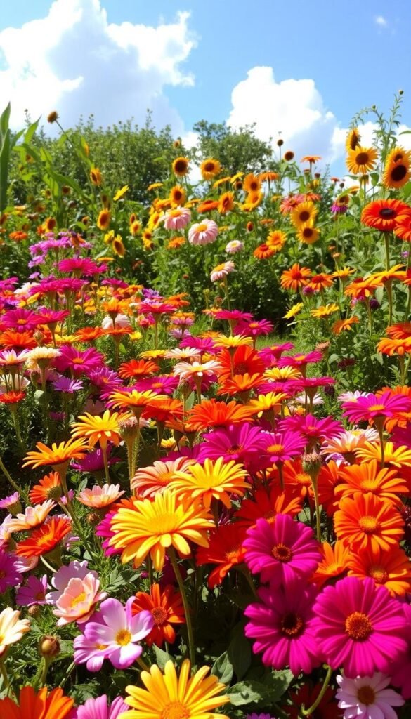 A vibrant spring flower garden filled with colorful annuals blooming in the warm sunlight. In the foreground, a lush arrangement of marigolds, petunias, and zinnias in a variety of hues, their petals gently swaying in a soft breeze. The middle ground features a mix of cosmos, sunflowers, and calendulas, their tall stems reaching towards the sky. In the background, a backdrop of verdant foliage and a clear blue sky, with fluffy white clouds overhead. The lighting is natural and diffused, creating a soft, inviting atmosphere. Captured with a wide-angle lens to showcase the depth and abundance of the garden.