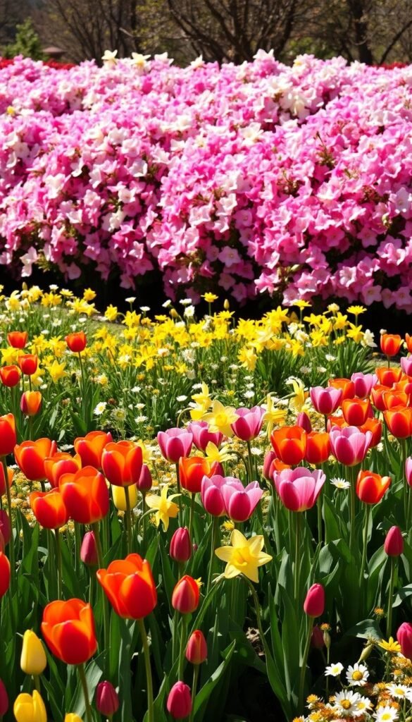 A vibrant spring garden, bursting with blooming flowers in a variety of colors. In the foreground, rows of lush tulips in vivid reds, yellows, and purples sway gently in a soft breeze. In the middle ground, clusters of delicate daffodils and cheerful daisies dot the landscape. In the background, a riot of azalea bushes in shades of pink and white frame the scene, their petals dancing in the sunlight. The overall mood is one of warmth, vitality, and the joyful renewal of the spring season. Captured with a wide-angle lens to showcase the depth and breadth of this bountiful floral display.